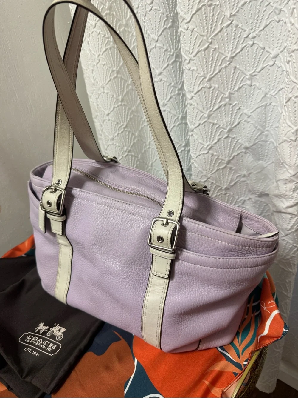 Coach Lilac Leather Tote with Cream Trim and Straps